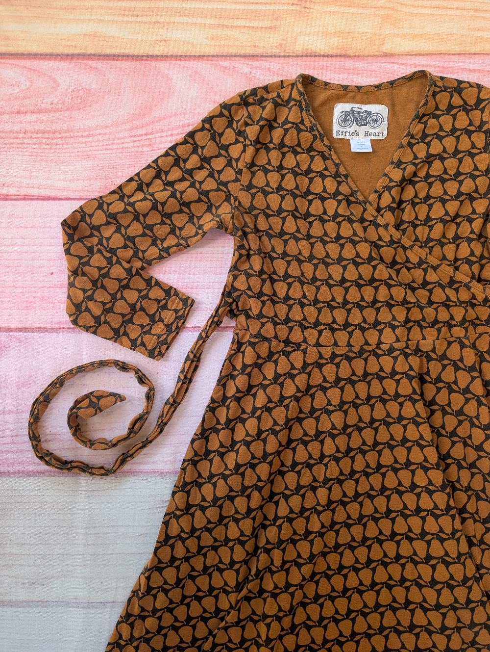 Effie’s Heart Pear Print Dress | Brown Jersey Knit Midi with Tie Waist XL - Picture 4 of 10
